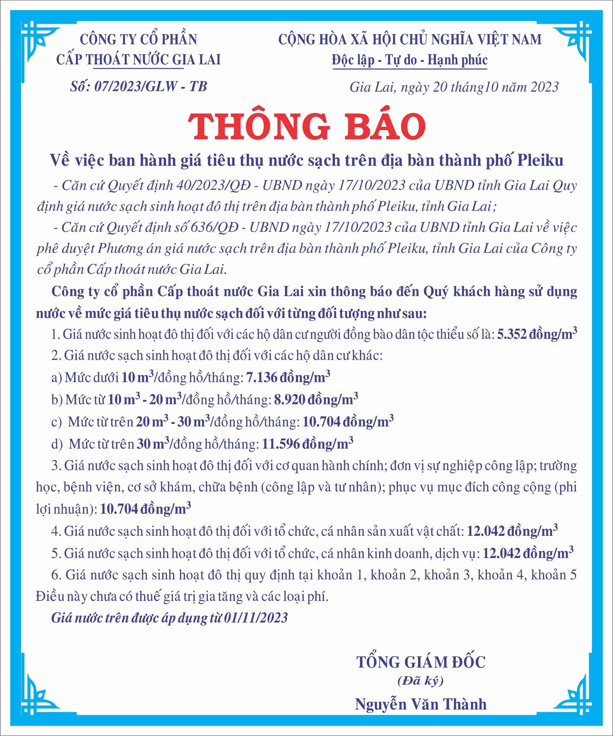 Thông báo về việc ban hành giá tiêu thụ nước sạch trên địa bàn Thành Phố Pleiku